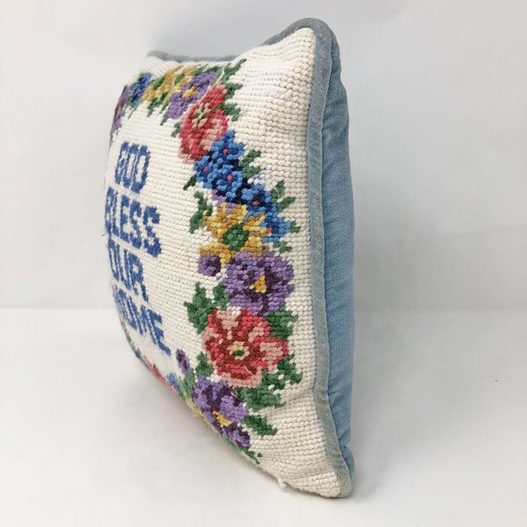 Vintage God Bless Our Home Needle Point Pillow, Mid Century Needle Point - Picture 6 of 9